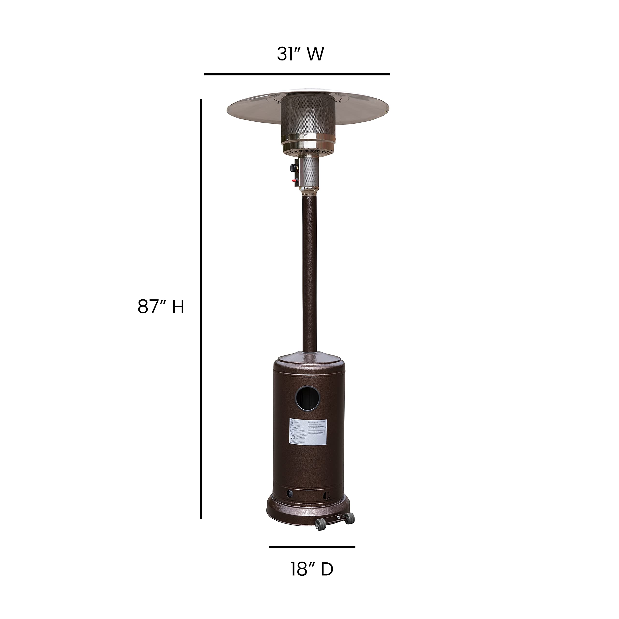 Flash Furniture Sol Patio Outdoor Heating-Bronze Stainless Steel 40,000 BTU Propane Heater with Wheels for Commercial & Residential Use-7.5 Feet Tall