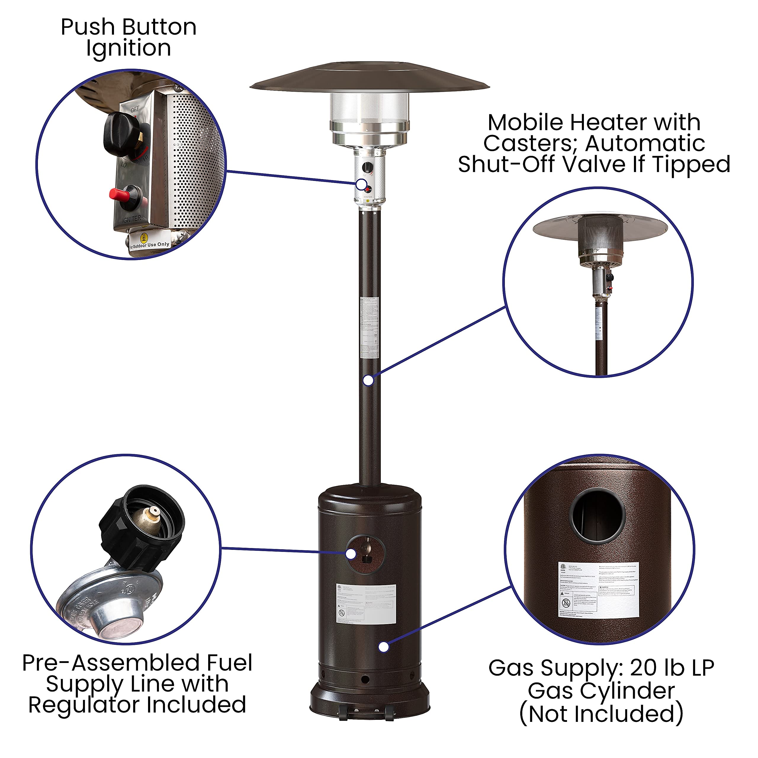 Flash Furniture Sol Patio Outdoor Heating-Bronze Stainless Steel 40,000 BTU Propane Heater with Wheels for Commercial & Residential Use-7.5 Feet Tall