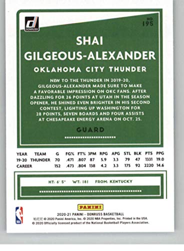 2020-21 Donruss #195 Shai Gilgeous-Alexander Oklahoma City Thunder NBA Basketball Trading Card fron Panini America in Raw (NM or Better) Condition