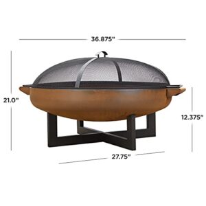 Real Flame La Porte 37" Round Wood Burning Fire Pit for Outdoors, Rust with Spark Screen, Poker and Log Grate - Steel Wood Burning Fire Bowl - Durable Outdoor Fire Pit