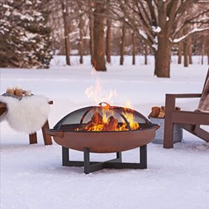 Real Flame La Porte 37" Round Wood Burning Fire Pit for Outdoors, Rust with Spark Screen, Poker and Log Grate - Steel Wood Burning Fire Bowl - Durable Outdoor Fire Pit