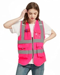 vicrr high visibility safety vest with reflective strips, 9 pockets zipper front, construction work vest (pink, s)