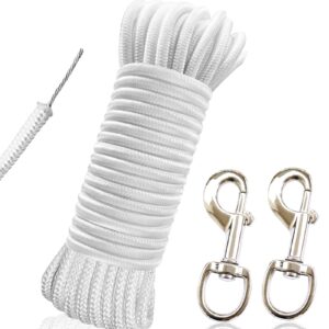 ruson 50 feet 5/16 inch wire center flag pole rope and clips kit, white braided polyester halyard steel center flag rope with 2 pcs 3.5" flag swivel snap hooks