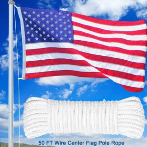 RUSON 50 Feet 5/16 Inch Wire Center Flag Pole Rope and Clips Kit, White Braided Polyester Halyard Steel Center Flag Rope with 2 Pcs 3.5" Flag Swivel Snap Hooks