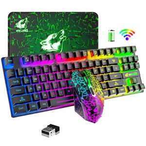 wireless gaming keyboard and mouse combo,rainbow backlit rechargeable 3800mah battery,87 keys mechanical feel ergonomic waterproof keyboard,rgb gaming mute mouse and mousepad for pc gamers (black)