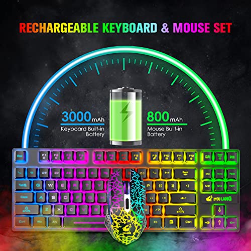 Wireless Gaming Keyboard and Mouse Combo,Rainbow Backlit Rechargeable 3800mAh Battery,87 Keys Mechanical Feel Ergonomic Waterproof Keyboard,RGB Gaming Mute Mouse and Mousepad for PC Gamers (Black)
