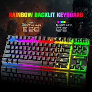 Wireless Gaming Keyboard and Mouse Combo,Rainbow Backlit Rechargeable 3800mAh Battery,87 Keys Mechanical Feel Ergonomic Waterproof Keyboard,RGB Gaming Mute Mouse and Mousepad for PC Gamers (Black)