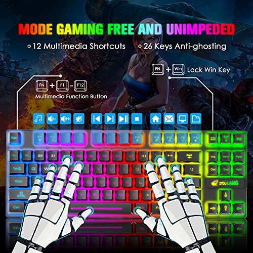 Wireless Gaming Keyboard and Mouse Combo,Rainbow Backlit Rechargeable 3800mAh Battery,87 Keys Mechanical Feel Ergonomic Waterproof Keyboard,RGB Gaming Mute Mouse and Mousepad for PC Gamers (Black)