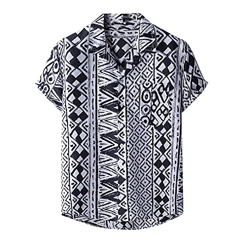 Men's Casual Summer Print Buttons Down Short Sleeves O-Neck Loose Beach Shirts Blouse Tops(F, XL)