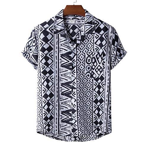 Men's Casual Summer Print Buttons Down Short Sleeves O-Neck Loose Beach Shirts Blouse Tops(F, XL)