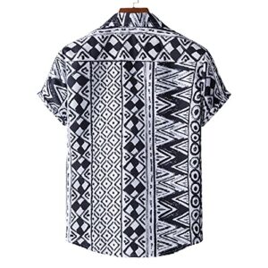 Men's Casual Summer Print Buttons Down Short Sleeves O-Neck Loose Beach Shirts Blouse Tops(F, XL)