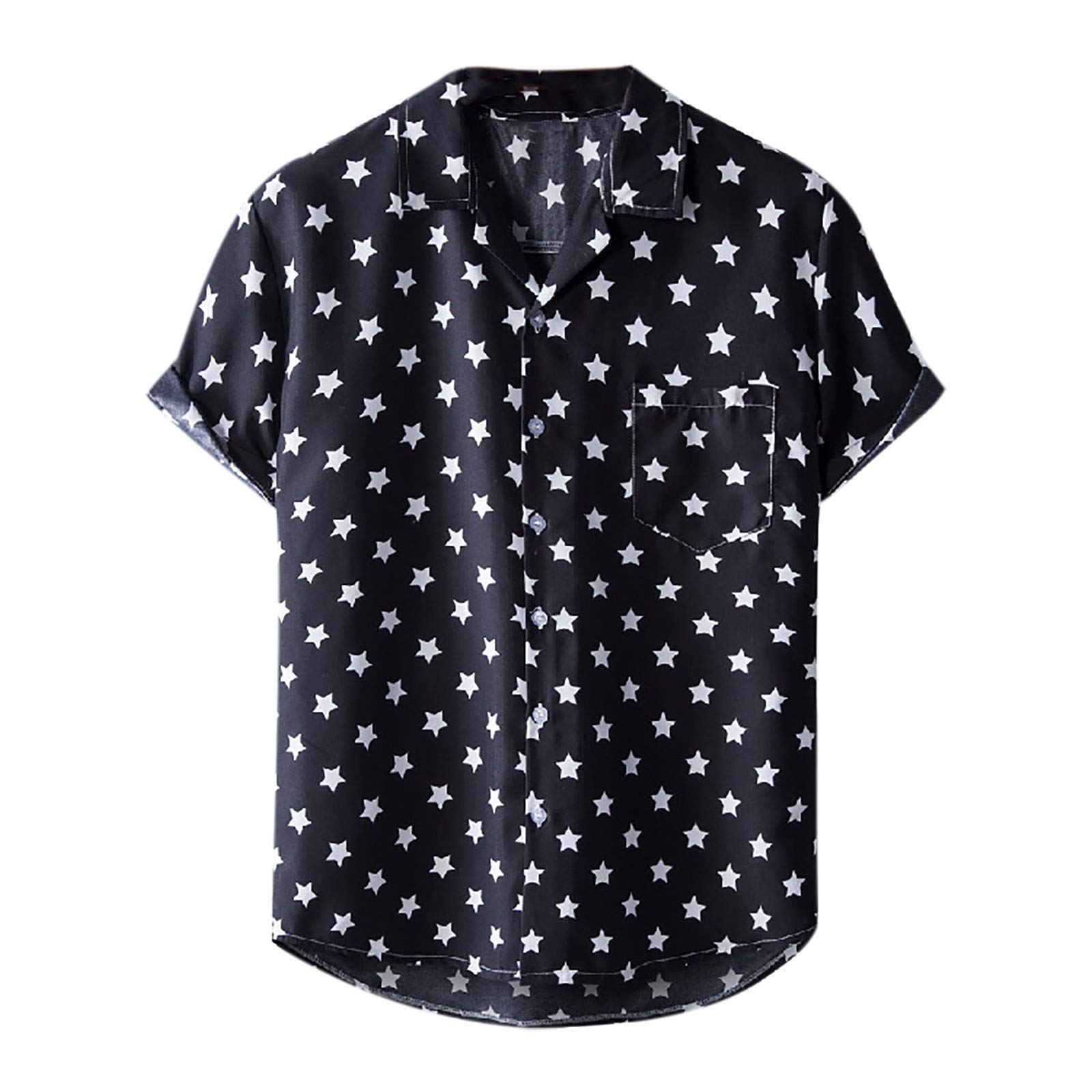 Men's Casual Summer Print Buttons Short Sleeves O-Neck Loose Shirts Blouse with Pocket(B, M)