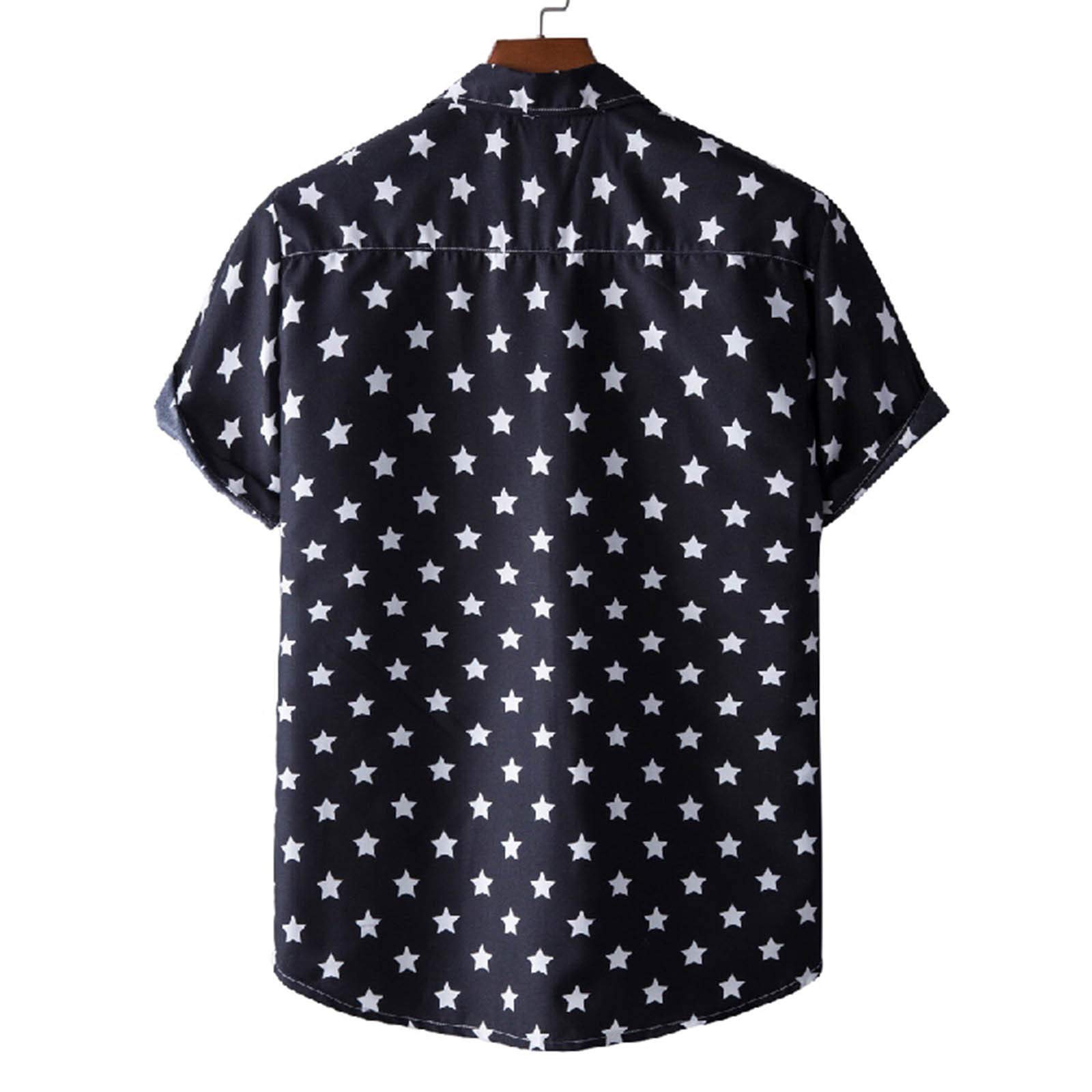 Men's Casual Summer Print Buttons Short Sleeves O-Neck Loose Shirts Blouse with Pocket(B, M)