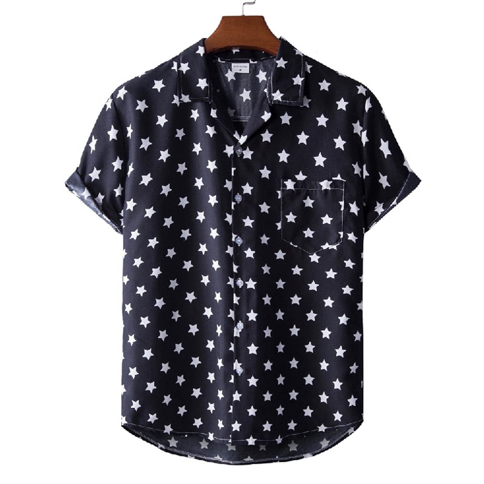 Men's Casual Summer Print Buttons Short Sleeves O-Neck Loose Shirts Blouse with Pocket(B, M)