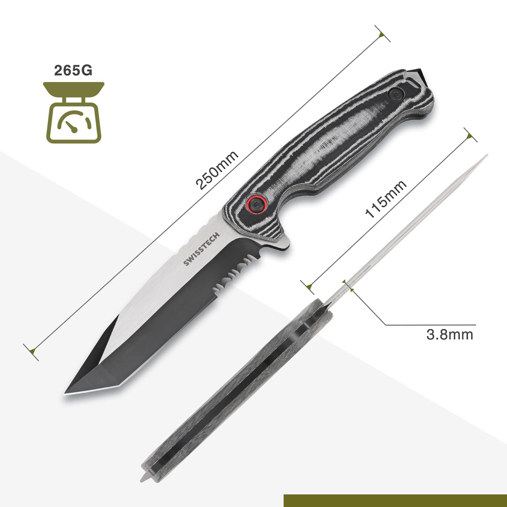 Swiss+Tech 4-1/2" Fixed Blade Knife, Full Tang Knife, Durable Blade&Sheath, Perfect for Camping, Outdoor and Bush Craft