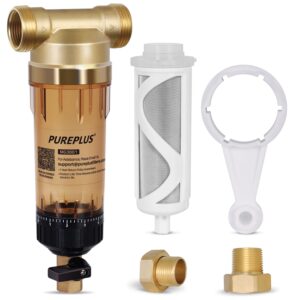 pureplus 40 micron whole house spin down sediment water filter with scrapper, reusable flushable pre-filtration system for city/tap water, 1" mnpt + 3/4" fnpt + 3/4"mnpt, brass, bpa free, usa tech