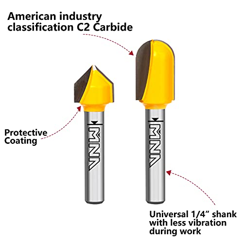 MNA 90 Degree V Groove and Round Nose Router Bit Set, 1/4 Inch Shank Signmaking Router Bits, 3D CNC Lettering & Engraving Router Bit Kit