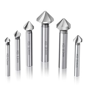 huazhichun countersink drill bit set 6 pcs high speed steel 3 flute 85 degree steel counter sink for wood and metal in sizes 1/2",1/3",1/4",2/3",2/5",4/5" set