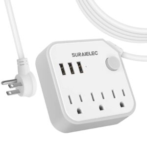 suraielec 15 ft long extension cord, 3 outlet desk power strip with usb, 3 usb ports small desktop charging station, 45 degree flat plug, portable for travel/home, indoor, white