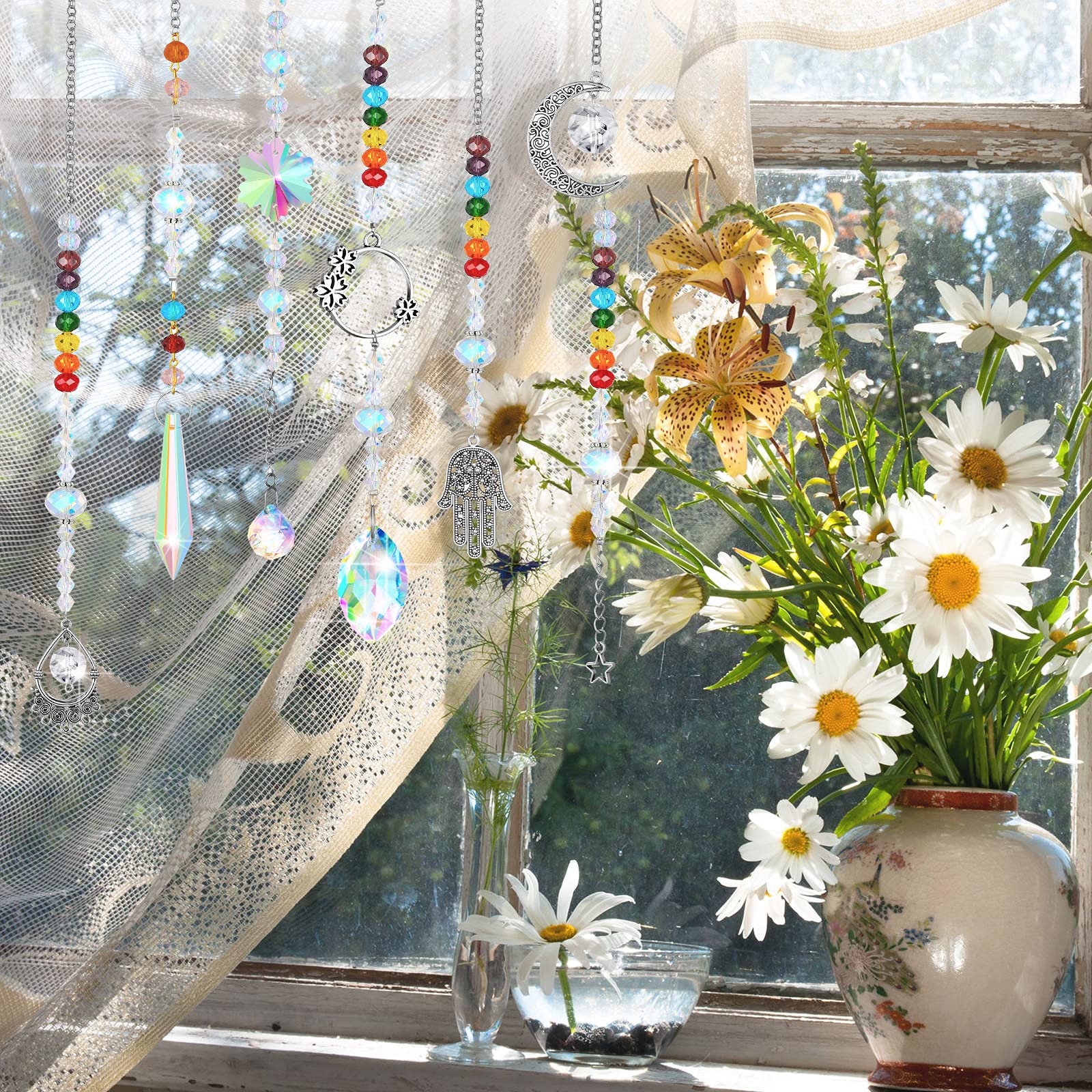 7 Pieces Sun Catcher Crystals Colorful Hanging Prism Suncatcher Window Ornament Beads Chain Sphere Chandelier Pendants for Home Wedding Gifts Decoration (Fresh)