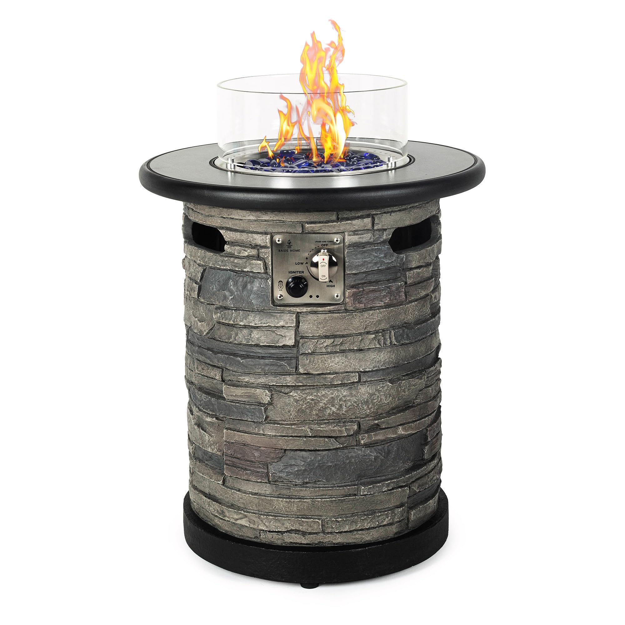 BAIDE HOME Outdoor Gas Propane Fire Pit Table, Round Porcelain Tile Top 22" Fire Bowl Column W/ 40,000 BTU Firepit Table Auto-Ignition 400D Cover Glass Rocks for Outside Patio