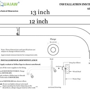 Aquaiaw Shower Arm and O-Ring Flange, 12 inch, Solid Brass, Round, Both 1/2 NPT Tapered Threads, Bent Shower Arm, Wall Mount Shower Head Extension Arm, Rainfall Shower Head Arm (Matte Black)