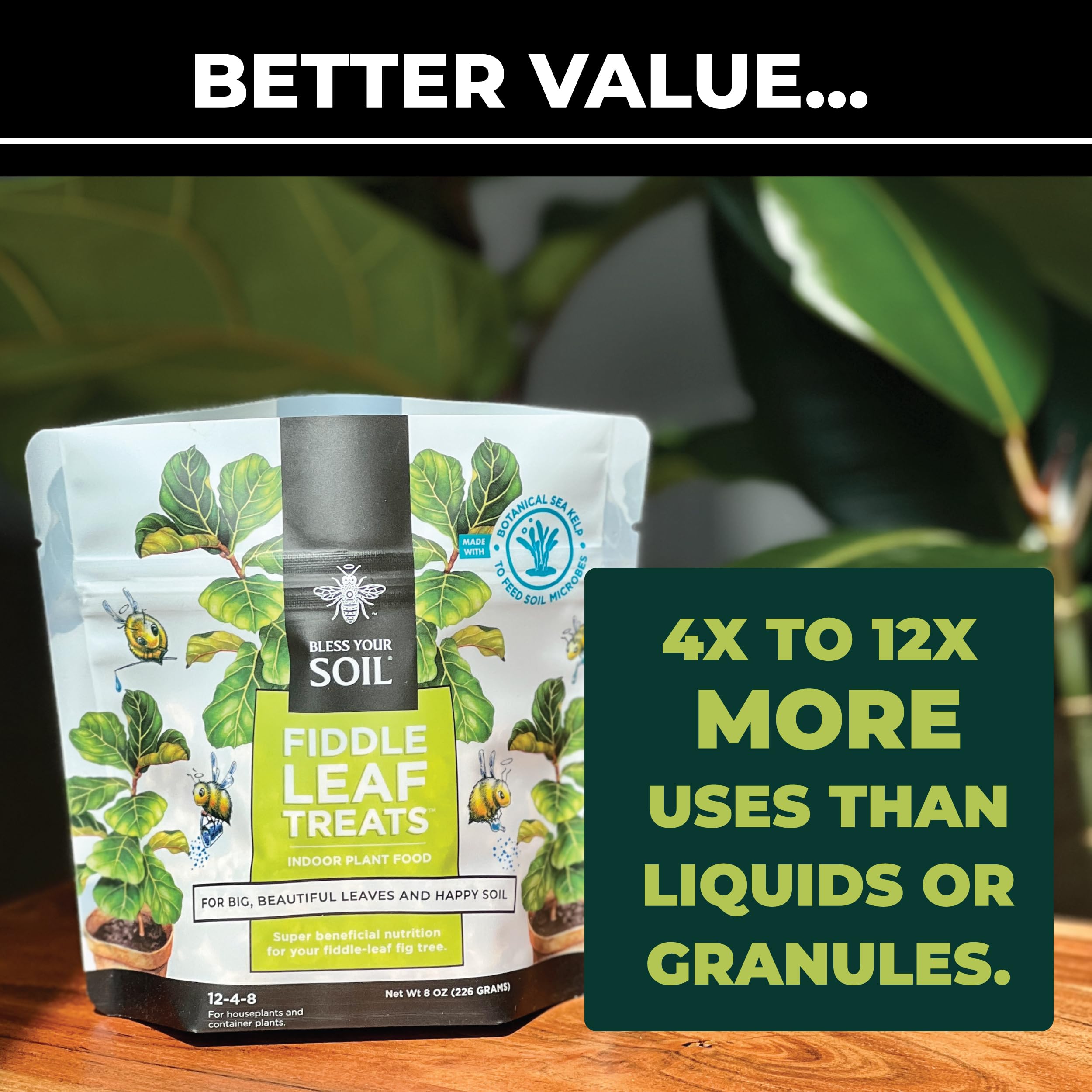 Fiddle Leaf Treats : Plant Food for Fiddle Leaf Fig Fertilizer for Ficus | 3-1-2 Ratio + Sea Kelp | 4X More Active | Instant Feed