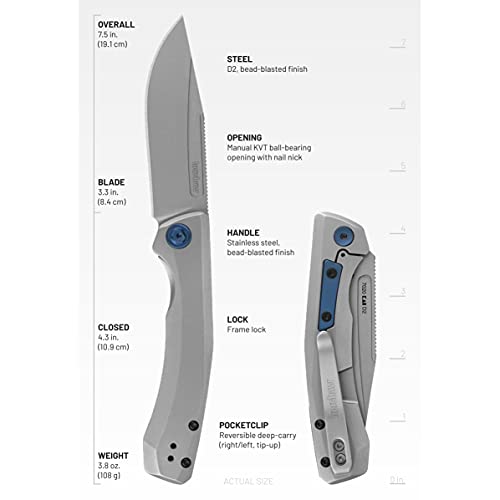 Kershaw Highball XL Clip Point Pocket Knife, 3.3-in. Blade, Manual KVT Ball Bearings Opening, Frame Lock (7020),Gray