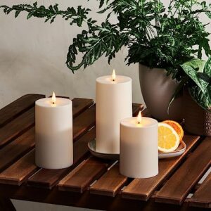 outdoor ivory flameless candles with timer: led pillar candle set of 3, waterproof patio decor, battery operated, remote control included, realistic flickering warm white light - 3x4 3x5 & 3x6