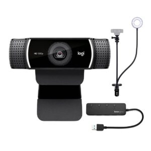 logitech c922 pro stream 1080p webcam bundle with webcam stand with selfie ring light and 4-port usb 3.0 hub (3 items)