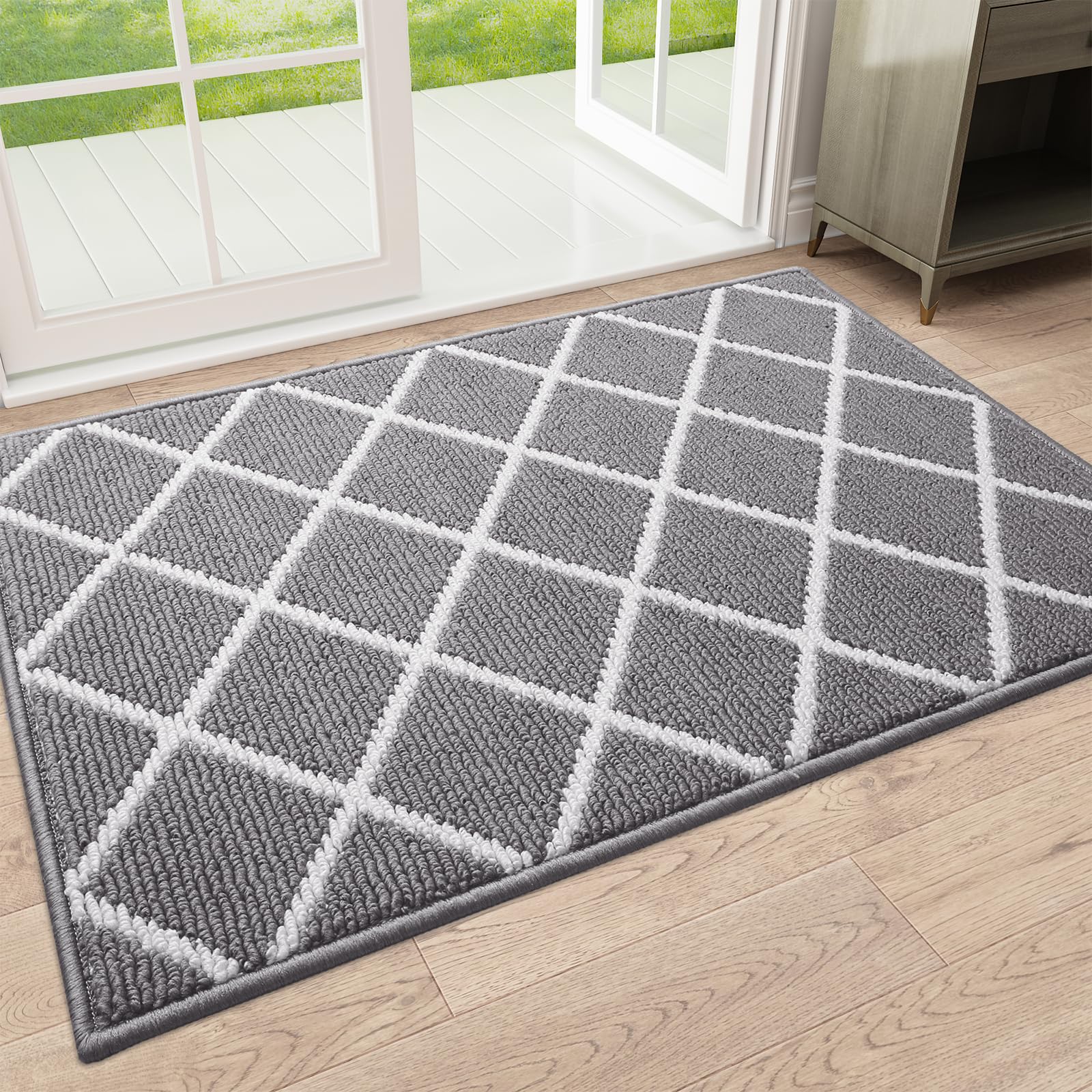 Finchitty Indoor Door Mat, Non-Slip Absorbent Resist Dirt Entrance Mat, Washable Mats for Entryway, Low-Profile Inside Floor Doormat, 32" x 20", Grey