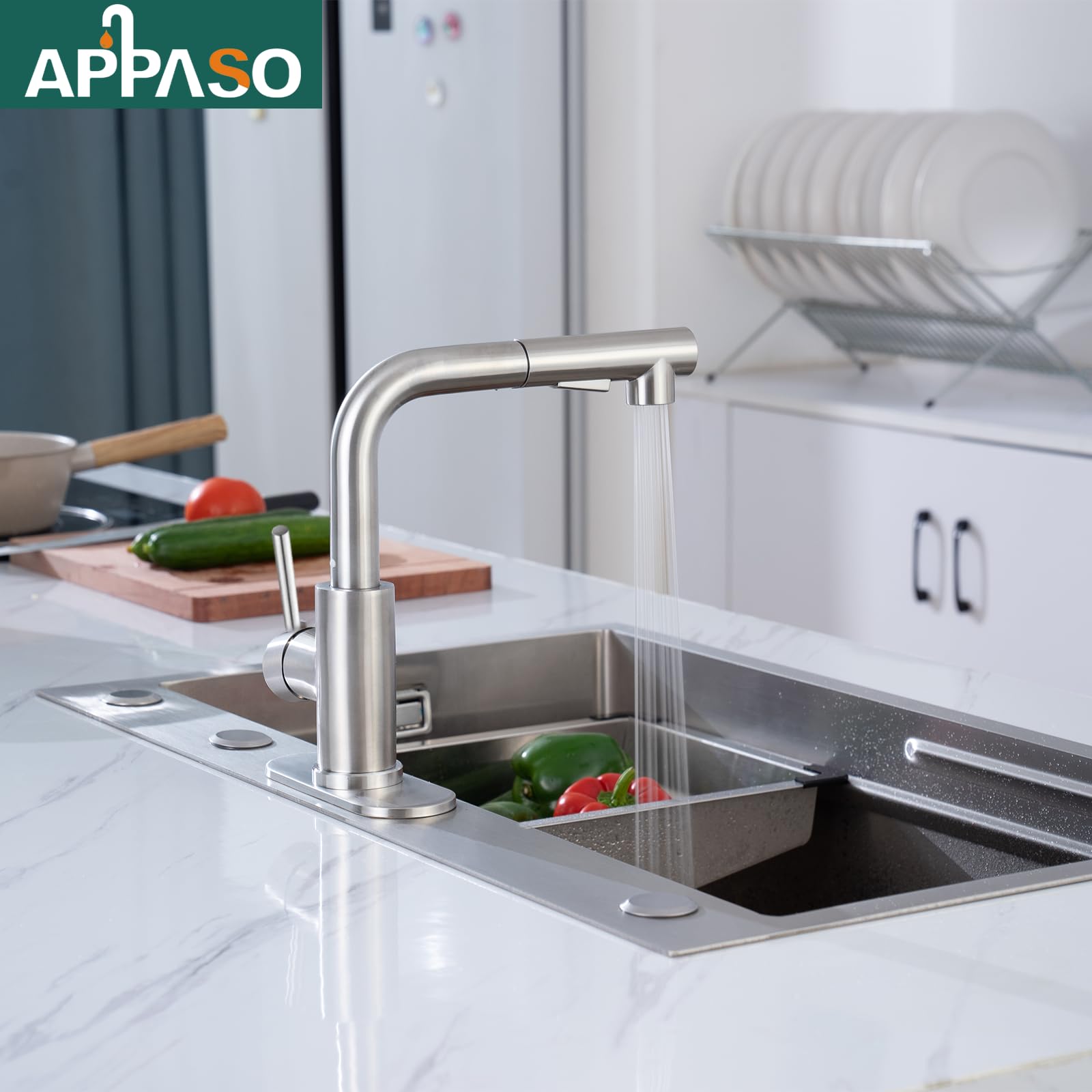 APPASO Bar Sink Faucet 8 INCH, Brushed Nickel Kitchen Faucet with Pull-Out Sprayer Stainless Steel, Modern Single Handle Bathroom Utility Faucet, Pull Down Small Faucet for RV Camper Outdoor Restroom