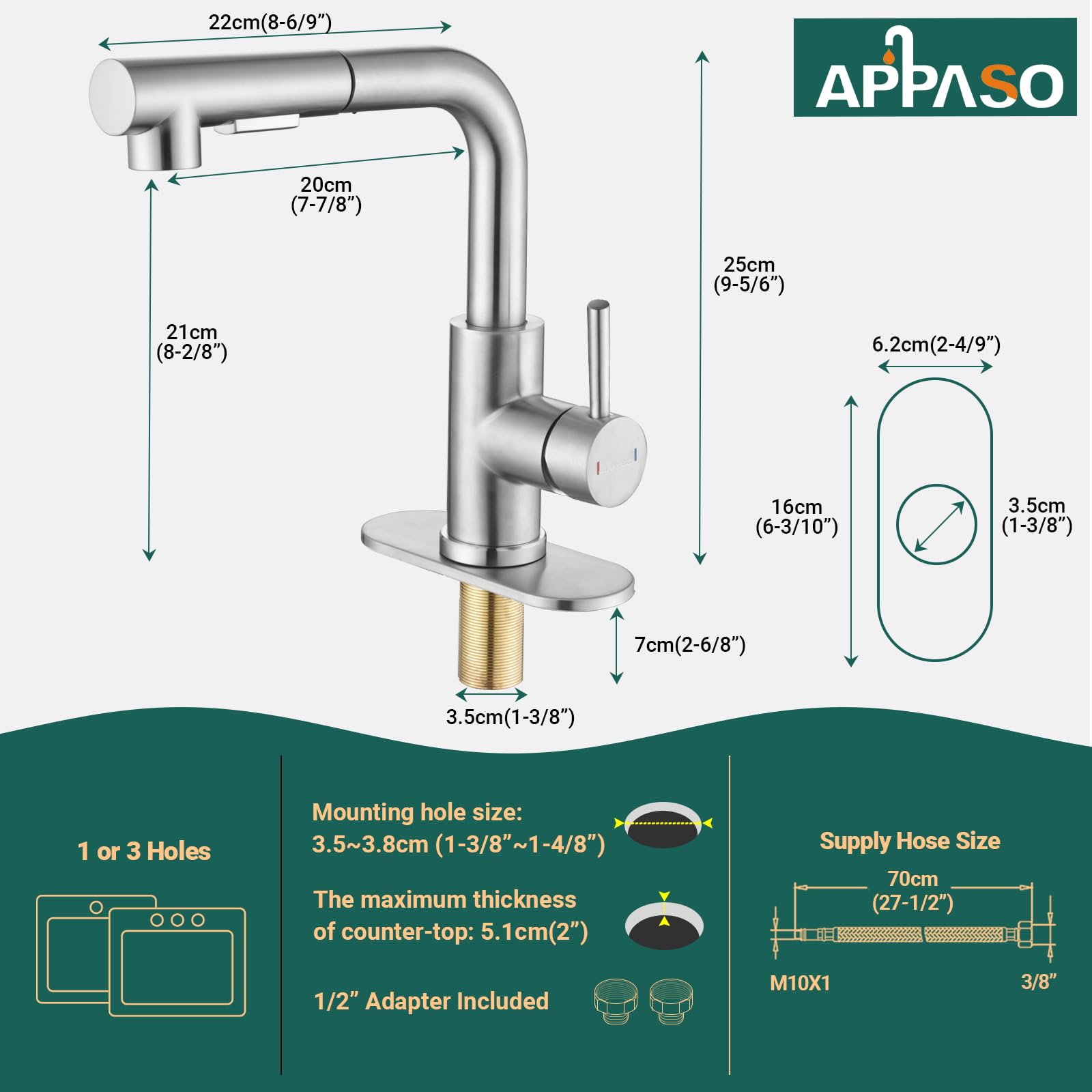 APPASO Bar Sink Faucet 8 INCH, Brushed Nickel Kitchen Faucet with Pull-Out Sprayer Stainless Steel, Modern Single Handle Bathroom Utility Faucet, Pull Down Small Faucet for RV Camper Outdoor Restroom