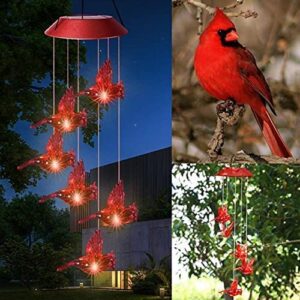 solar cardinal red bird wind chime, solar-powered mobile hanging patio lights with 6 vivid hummingbirds，multi-color changing led garden decoration for home party night garden decoration