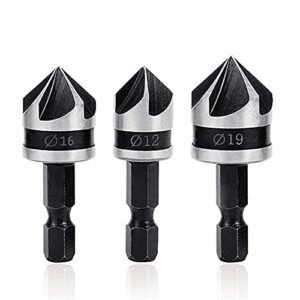 mesee 3pcs countersink chamfer drill bit set, 5 flute 90 degree chamfering countersink bits with 1/4inch hex shank, 12mm 16mm 19mm