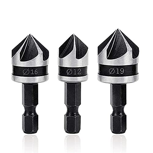 Mesee 3Pcs Countersink Chamfer Drill Bit Set, 5 Flute 90 Degree Chamfering Countersink Bits with 1/4Inch Hex Shank, 12mm 16mm 19mm