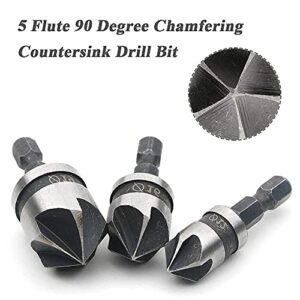 Mesee 3Pcs Countersink Chamfer Drill Bit Set, 5 Flute 90 Degree Chamfering Countersink Bits with 1/4Inch Hex Shank, 12mm 16mm 19mm