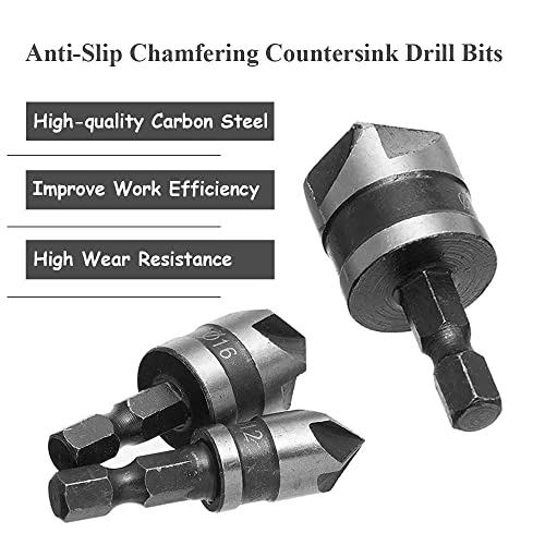 Mesee 3Pcs Countersink Chamfer Drill Bit Set, 5 Flute 90 Degree Chamfering Countersink Bits with 1/4Inch Hex Shank, 12mm 16mm 19mm