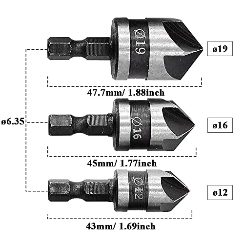 Mesee 3Pcs Countersink Chamfer Drill Bit Set, 5 Flute 90 Degree Chamfering Countersink Bits with 1/4Inch Hex Shank, 12mm 16mm 19mm