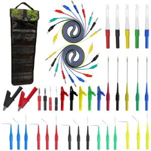 testeronics 47 in 1 back probe kit with 6 pockets roll up tool bag |5 pcs wire piercer with cover| 20 pcs back probe pin | 10 pcs 4mm banana plug to alligator clip circuit test lead 39.37 inch