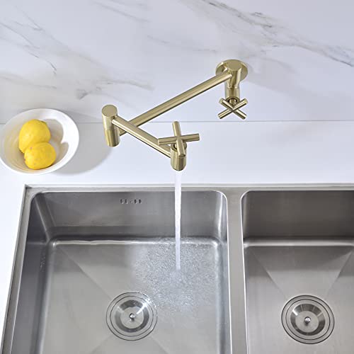 Delle Rosa Pot Filler Faucet, Wall Mount Pot Filler Kitchen Faucet, Folding Stretchable Brass Kitchen Faucet with Single Hole Two Handles, Brushed Gold Pot Filler