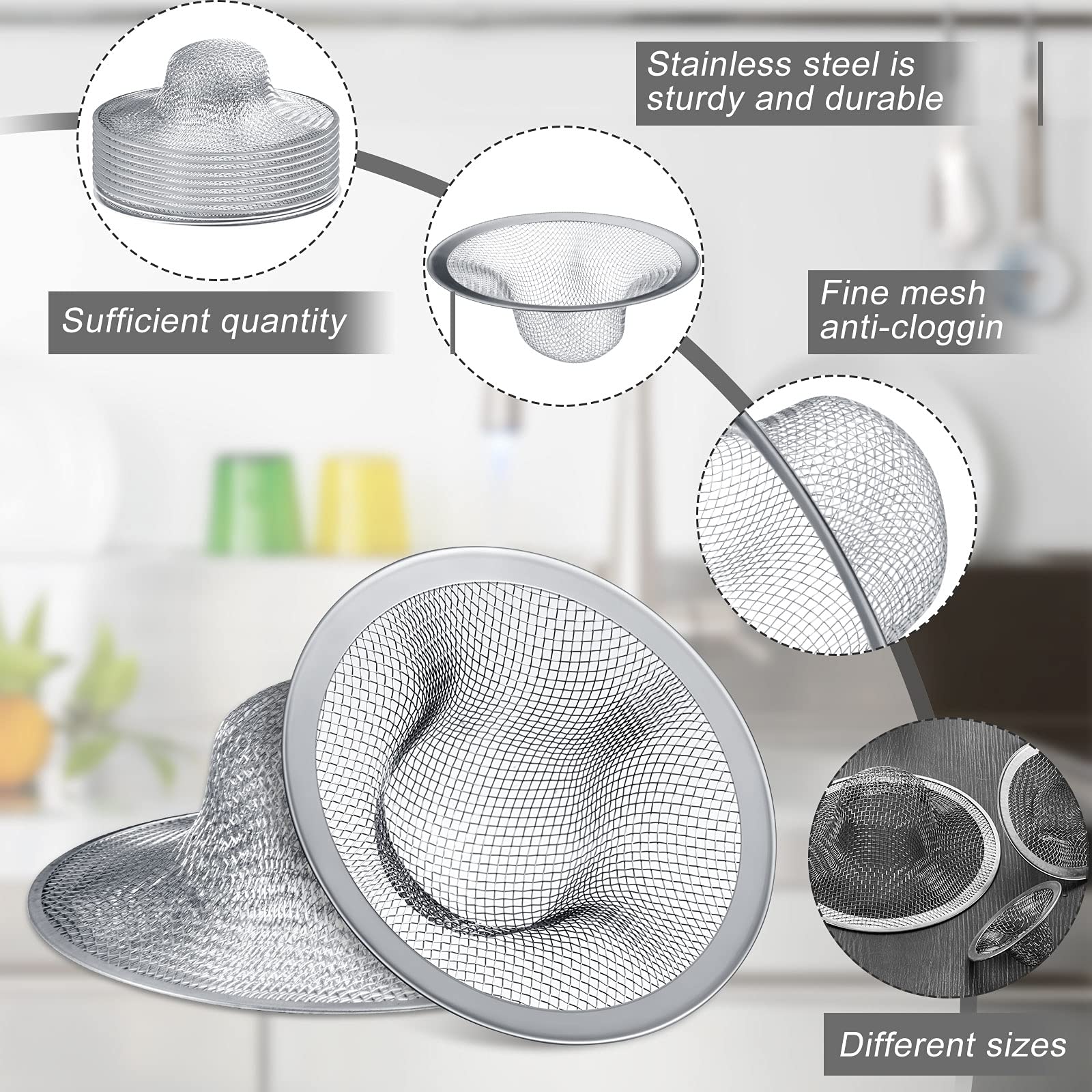 12 Pieces Stainless Steel Sink Strainer sink drain strainer, sink strainer with 4.5/2.75/2.25 Inch for Sink Drainage Kitchen Sink Bathroom Bathtub,sink drain strainer,drain screen