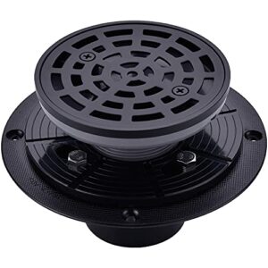 4 1/4 inch round shower floor drain grate with adjustable threaded drain base flange, matte black