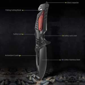 Jellas Tactical Knife, 8Cr13Mov Pocket Knife for Men, Folding Knife 440C Knife with Clip, EDC Knife, Survival Knife for Fishing Hunting Hiking, Knives for Men and Women Knives (Red)