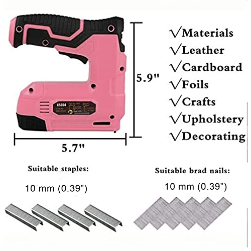 BHTOP Pink Cordless Brad Nailer 4V Staple Gun Kit, Electric Brad Nail Gun with Rechargeable USB Charger, Powerful Stapler for Leather, Cardboard, Foils (1500pcs Staples and 1500pcs Brad Nails)