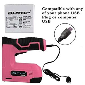 BHTOP Pink Cordless Brad Nailer 4V Staple Gun Kit, Electric Brad Nail Gun with Rechargeable USB Charger, Powerful Stapler for Leather, Cardboard, Foils (1500pcs Staples and 1500pcs Brad Nails)