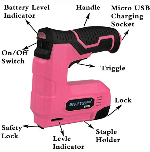BHTOP Pink Cordless Brad Nailer 4V Staple Gun Kit, Electric Brad Nail Gun with Rechargeable USB Charger, Powerful Stapler for Leather, Cardboard, Foils (1500pcs Staples and 1500pcs Brad Nails)