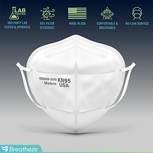 Breatheze KN95 Face Mask Made in USA Disposable Masks Breathable Face Mask Kn95 Mask White Facemask High-Filtration Protective Barrier Face Covering Elastic Ear Loops Adjustable Nose Clip 10 pack