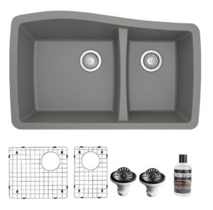 karran qu-721 undermount quartz composite 33 in. 60/40 double bowl kitchen sink with bottom grids and strainers in grey