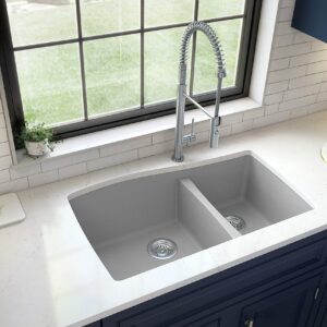 Karran QU-721 Undermount Quartz Composite 33 in. 60/40 Double Bowl Kitchen Sink with Bottom Grids and Strainers in Grey